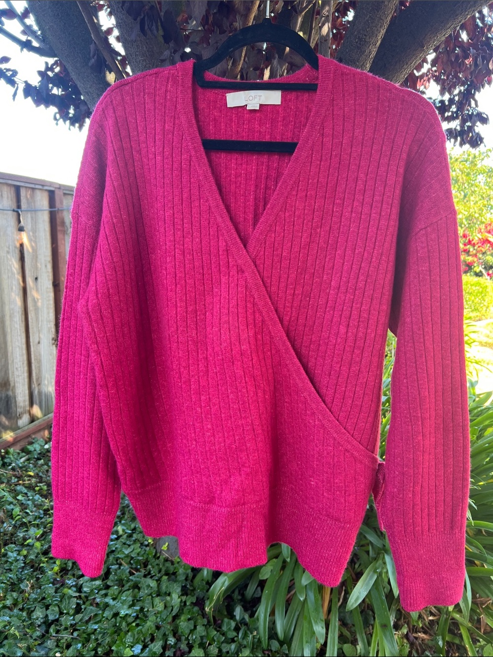 LOFT Women's Bright Fuchsia Ribbed Wrap V-Neck Sweater